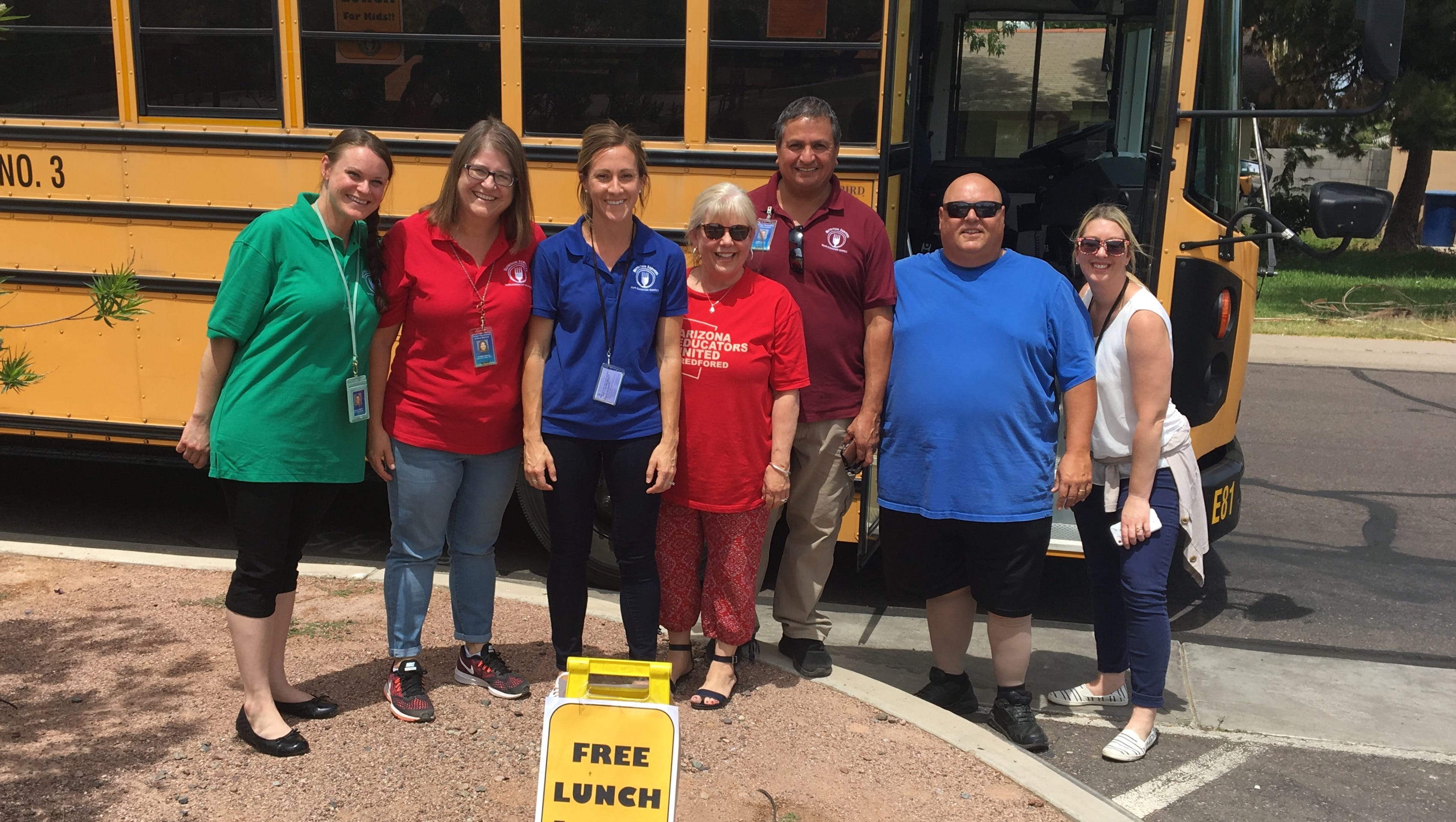 From left, nutritional trainer Jessica Braboy; executive administrative assistant Andrea Heaton; nutritional services supervisor Emma Kitzman; Superintendent Christine Busch;  nutrition assistant Gilbert Urias; bus driver David Engstad; and executive coordinator for the superintendent Brittany Franklin.