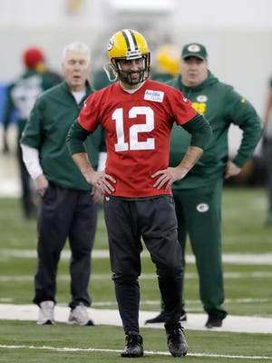 Green Bay Packers quarterback Aaron Rodgers (12) watches during practice at the Don Hutson Center on Wednesday, December 13, 2017 in Ashwaubenon, Wis.
Adam Wesley/USA TODAY NETWORK-Wisconsin