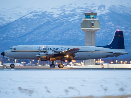 A rare Everts Air Cargo Douglas DC-6 lands at Anchorage