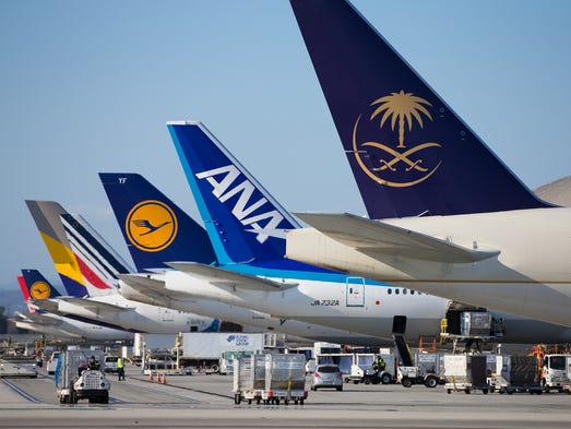 Tails of airlines from across the world are readied