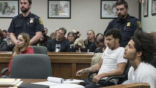 The three defendents, Amber Marie Tackett, Dominik Lou Charleston and Kobi Austin Taylor, listen to the proceedings of the pretrial examination held March 10 in Westland.