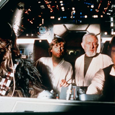 From left, Peter Mayhew, Mark Hamill, Alec Guiness and Harrison Ford in "Star Wars."