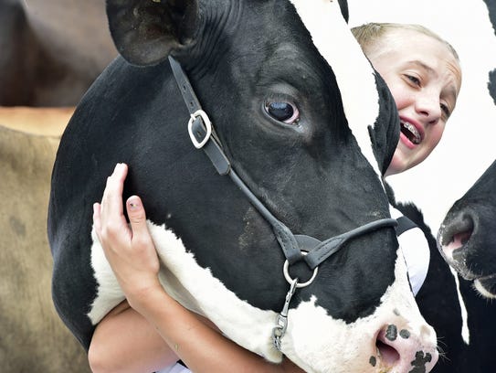 Ellisa Gamby, 12, hugs her cow, Dabble, after competing