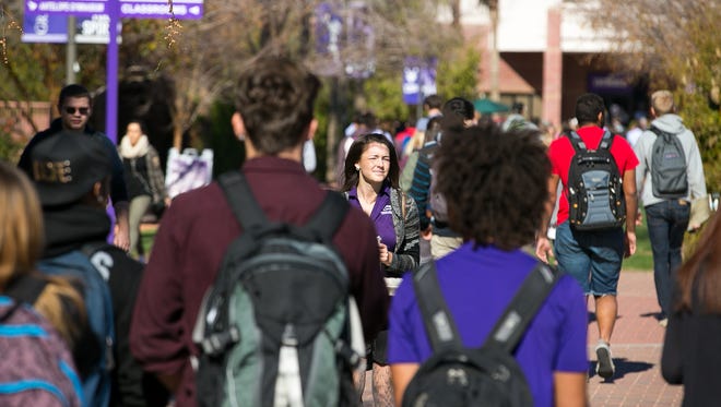 Students walk between classes at Grand Canyon University in Phoenix.