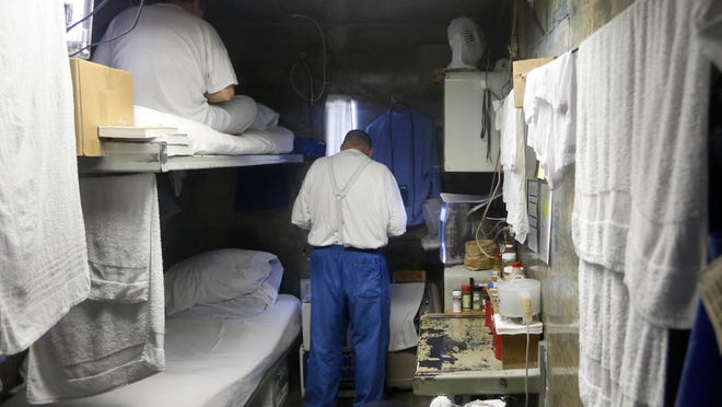 Inmates in a cell at California State Prison, Sacramento, near Folsom, Calif. One inmate and five employees in the state’s massive prison system have tested positive for coronavirus, leading to increased pressure on corrections officials to begin releasing some of California’s 123,000 convicts early.