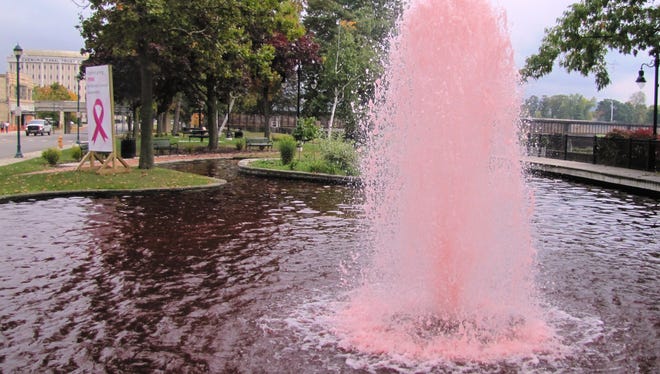 The water in the fountain at Riverfront Park in Elmira, near North Main and West Water streets, was colored pink in October for Breast Cancer Awareness Month.