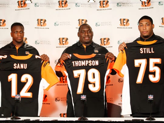 Cincinnati Bengals second and third round draft picks selected by the Bengals on Friday in the NFL Draft u00d0 WR Mohamed Sanu of Rutgers, left,  DT Brandon Thompson of Clemson and DT Devon Still of Penn State during a press conference at Paul Brown Stadium. The Enquirer/Jeff Swinger