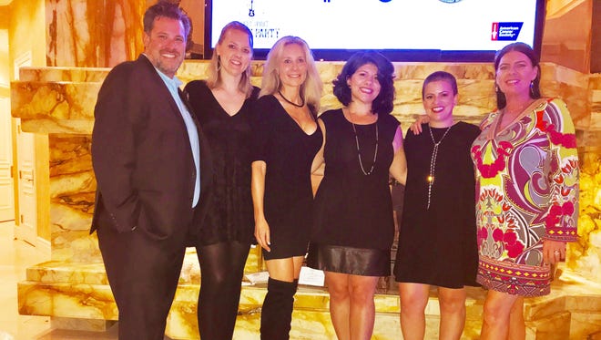 (L to R) Co-chairs Sean and Tara Webb, Advisory Chair Melissa Neiderman, Cancer Survivor Shay Moraga, Kelli Bueller and Teresa Rogers attended the ACS pre-Gala party at the Wrigley Estate.