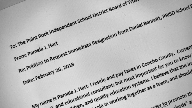 A cell phone image of a petition letter written by Pamela Hart, which called for the resignation of Paint Rock ISD board member Daniel Bennett, Feb. 26, 2018. Bennett was indicted Jan. 10, 2018 on three charges regarding crimes against a child.