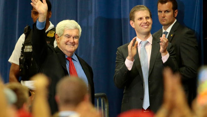 Former U.S. Representative Newt Gingrich gives a wave as he's called to beside the stage as presidential candidate Donald Trump speaks during a campaign rally for the presumptive republican party presidential nominee at the Sharonville Convention Center in Sharonville, Ohio, on Wednesday, July 6, 2016. 
