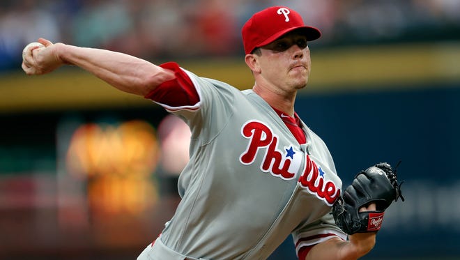 Philadelphia Phillies starting pitcher Jeremy Hellickson works in the first inning Saturday against the Atlanta Braves. Hellickson, a free agent at the end of the season, was not traded prior to Monday's non-waiver deadline.