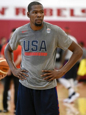 Kevin Durant of the 2016 USA Basketball Men's National Team stands on the court during a practice session at the Mendenhall Center on July 18, 2016 in Las Vegas, Nevada.