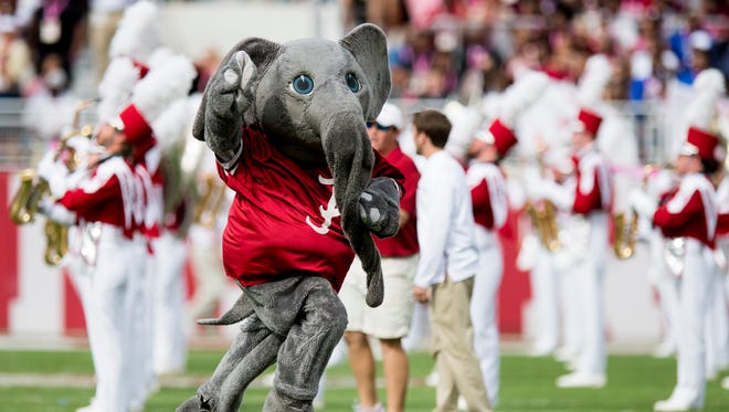 Alabama mascot Big Al before the Tennessee game at Bryant-Denny Stadium in Tuscaloosa, Ala. on Saturday October 21, 2017. (Mickey Welsh / Montgomery Advertiser)