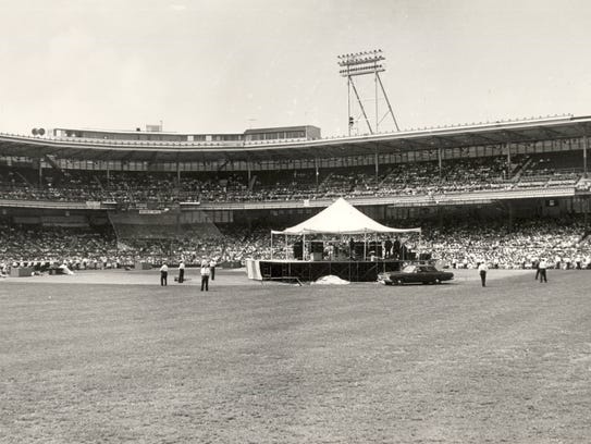 The stage for the Beatles' concert sat at second base