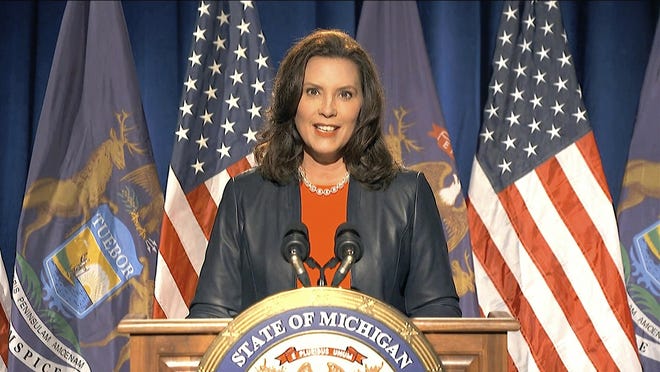 In this image from video, Michigan Gov. Gretchen Whitmer speaks during the first night of the Democratic National Convention on Monday, Aug. 17, 2020.