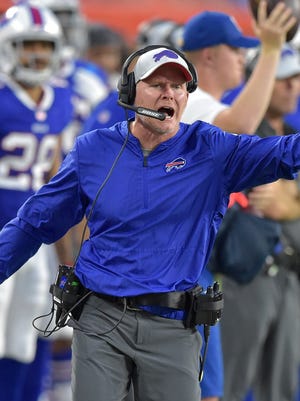 Buffalo Bills coach Sean McDermott gestures during the first half of the team's NFL football preseason game against the Cleveland Browns. Despite making playoffs in 2017, Bills aren't garnering much respect from national media or Las Vegas oddsmakers.