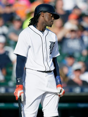 Tigers centerfielder Cameron Maybin reacts after being called out on strikes during the ninth inning of the Tigers' 12-9 loss to the Royals Sunday at Comerica Park.