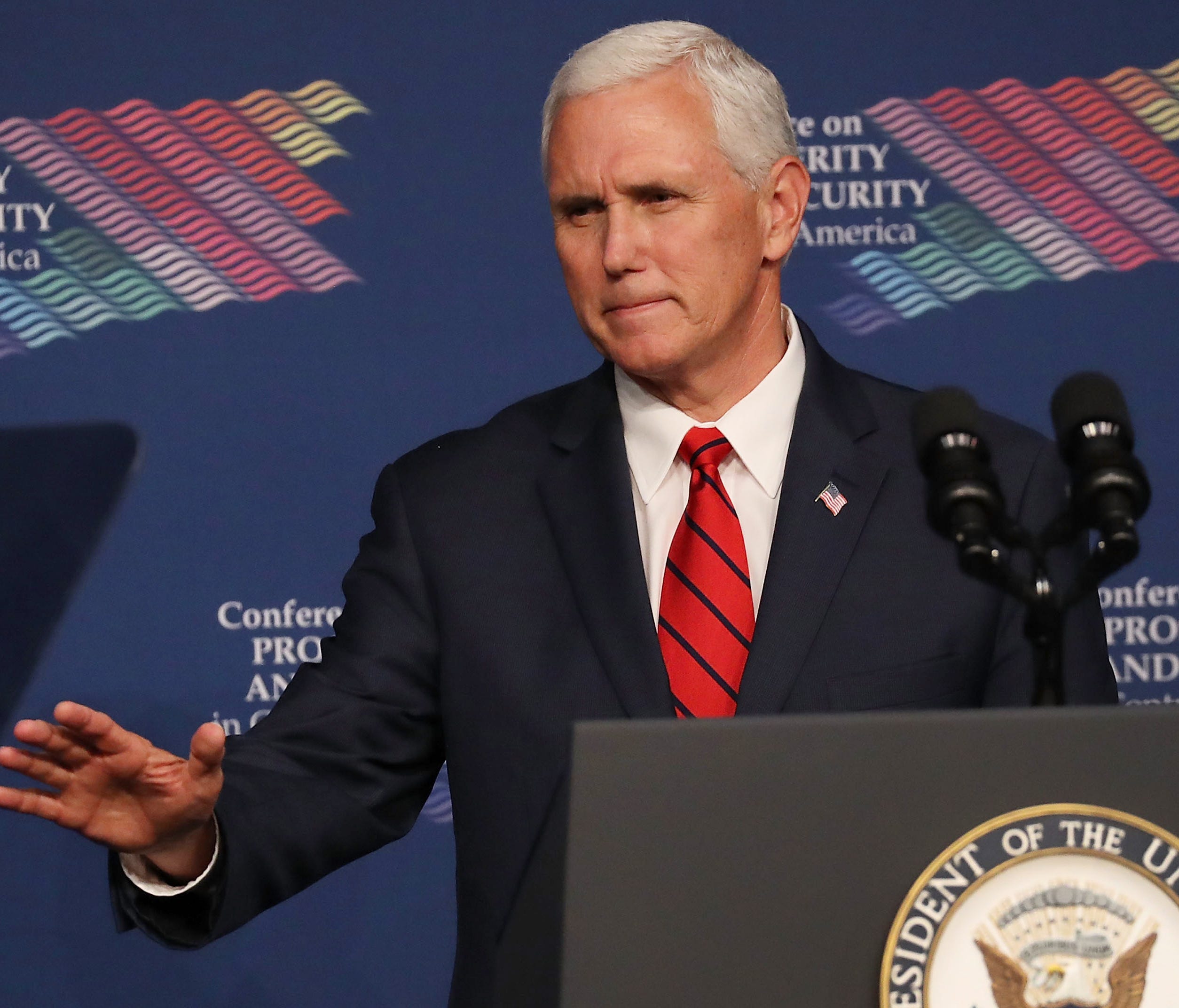 Vice President Mike Pence is pictured speaking during the Conference on Prosperity and Security in Central America at the Florida International University.