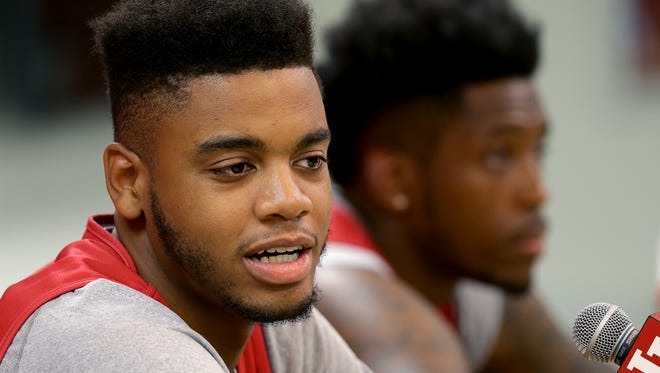 Indiana University's Juwan Morgan,left, responds to a question during a press conference at Assembly Hall Tuesday, July 11, 2017, in Bloomington.