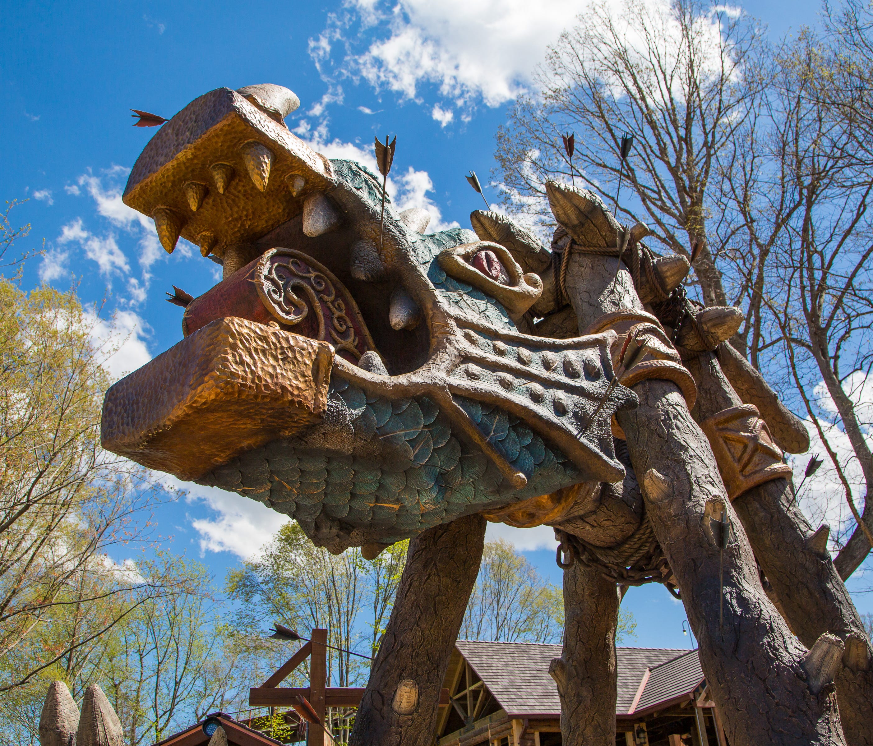 The Vikings' whimsical battering ram graces the front entrance of the coaster.