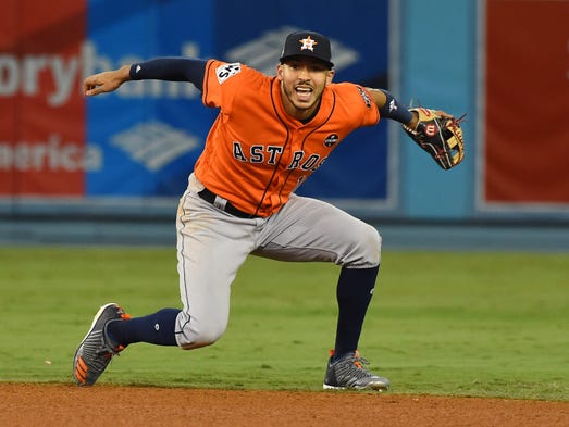 Game 7 at Dodger Stadium: Carlos Correa celebrates