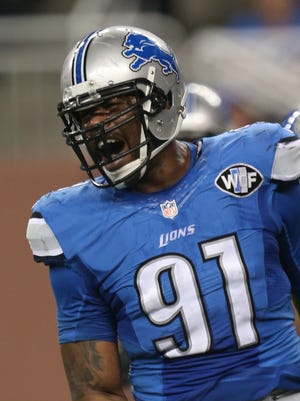 Lions defensive lineman Jason Jones reacts after blocking a field goal in the fourth quarter Sunday at Ford Field.
