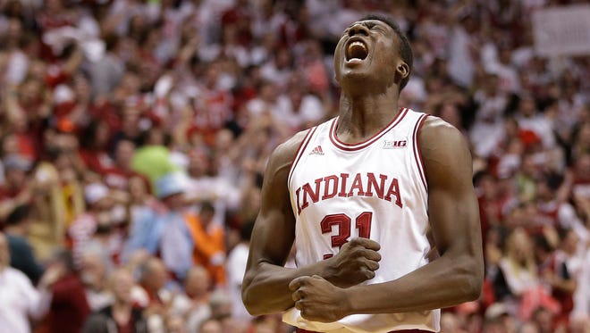 Indiana's Thomas Bryant celebrates during the first half against Iowa on Thursday in Bloomington, Indiana.