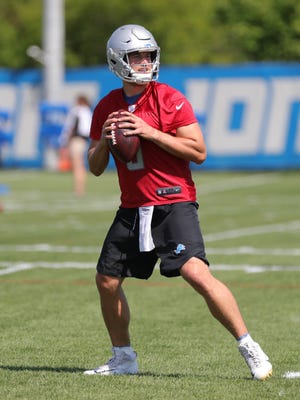 Lions quarterback Matthew Stafford goes drills during OTAs on Thursday, May 24, 2018, at the Allen Park practice facility.