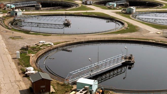 Twelve large clarifiers sits on the property of the Detroit Water and Sewerage Department.