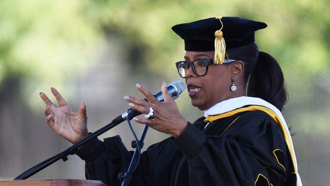 Oprah Winfrey delivers the commencement address during Johnson C. Smith University commencement, Sunday.