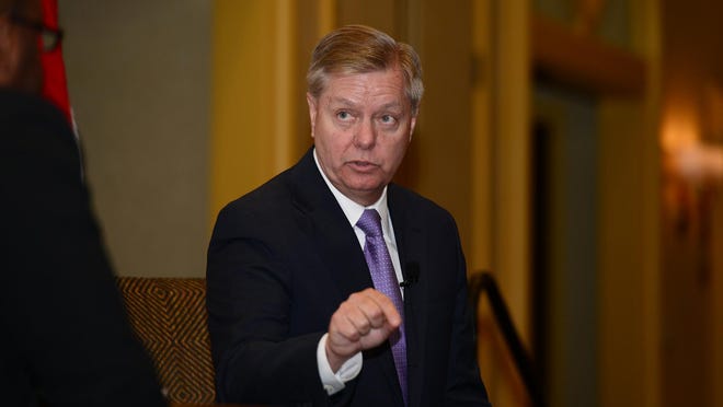 Sen. Lindsey Graham, who recently announced his candidacy for President, attends the Upstate Chamber Coalition Presidential Series at the Marriott Greenville on Monday.