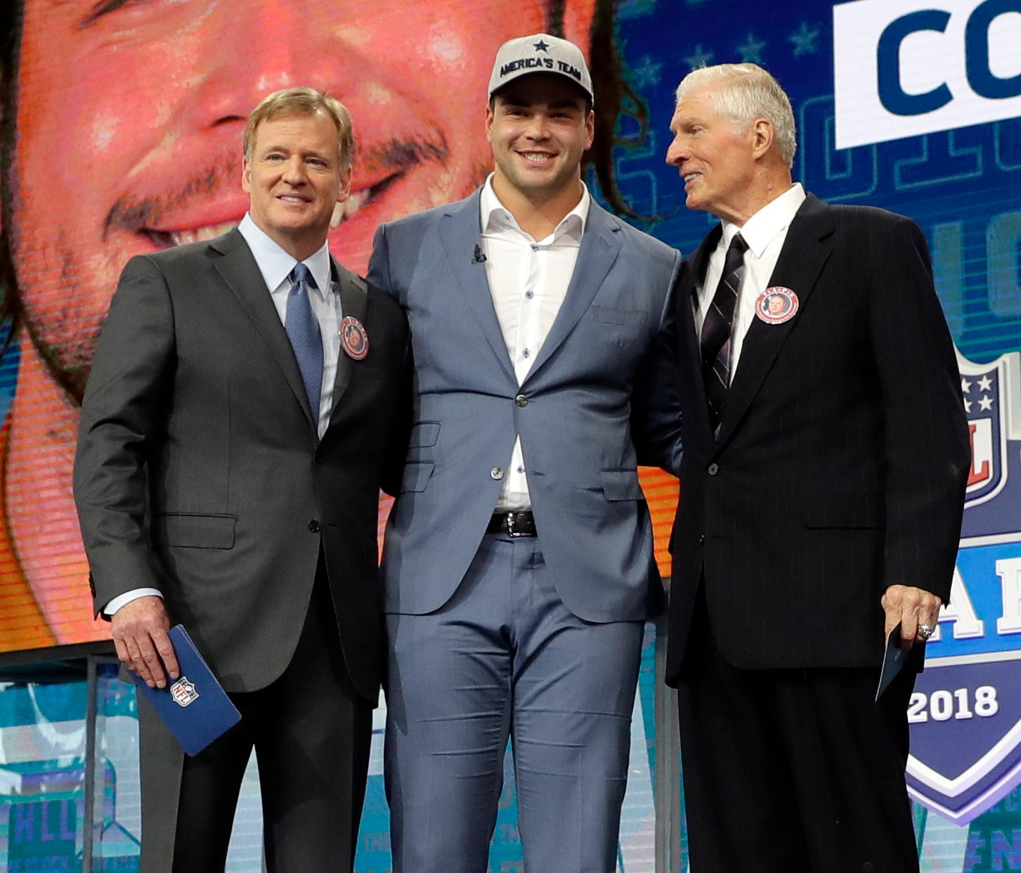 NFL Commissioner Roger Goodell, left, and former Dallas Cowboys player Bob Lilly, right, pose with Texas' Connor Williams after Williams was selected by the Cowboys during the second round of the NFL football draft Friday, April 27, 2018, in Arlingto