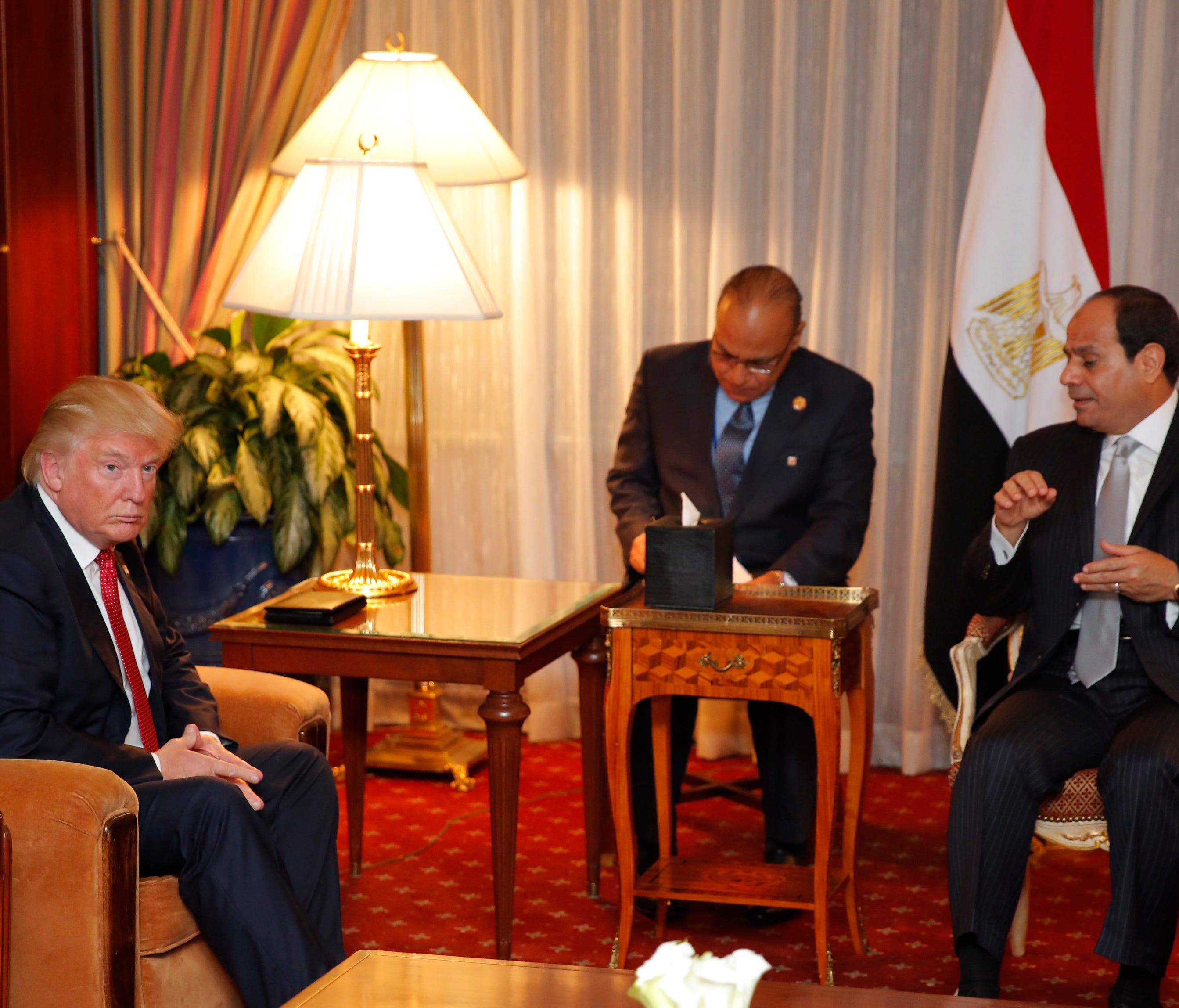 Then-Republican presidential candidate Donald Trump looking on as Egyptian President Abdel Fattah el-Sisi speaks during a September meeting at the Plaza Hotel in New York.