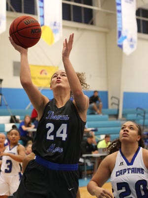 Thomas More College's Madison Temple scored a team-high 21 points against Christopher Newport for a 86-53 TMC win Dec. 20, 2017, in the Hoop N Surf Classic.