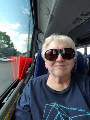 Susan Manzke practices taking pictures on her new smart phone as she travels to northern Wisconsin.