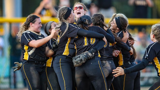 Bishop Verot celebrates its win over Montverde Academy at the  FHSAA Class 4A State championship game played at Historic Dodgertown in Vero Beach, FL, on Thursday, May 5, 2016.