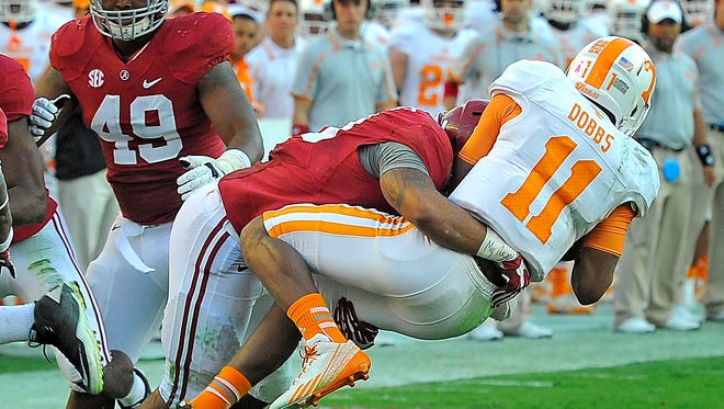 Josh Dobbs (11) made his Tennessee debut against Alabama on Oct. 26, 2013.