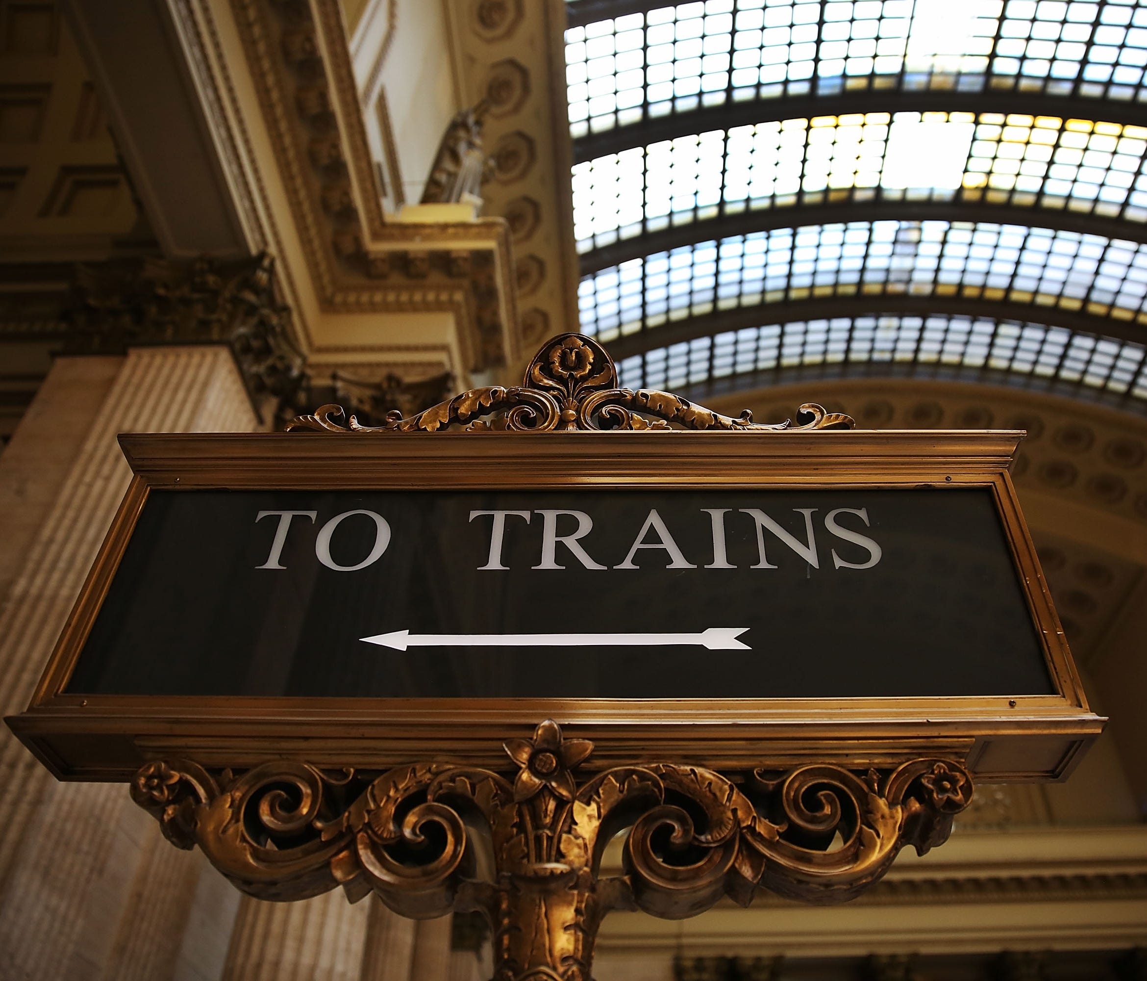 CHICAGO, IL - MARCH 23: A sign points to the direction of the trains at Chicago's Union Station where Amtrak's California Zephyr makes a daily 2,438 miles run to Emeryville/San Francisco that takes about 52 hours.