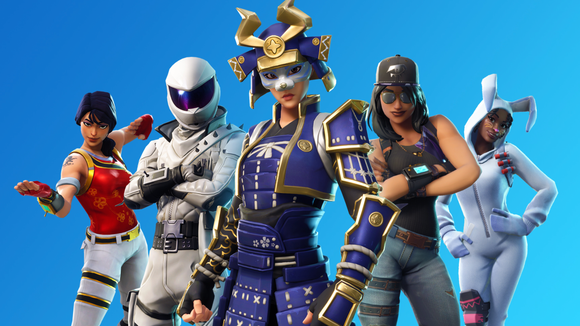 Fortnite characters are dressed in various outfits, including a bunny and a samurai soldier.