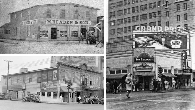 William Headen’s wool business (top left) under his father’s name of M. Headen was located in a frame building at Schatzel and Chaparral which had been shipped from New York. That same building was renovated with a new front and called the Rankin Building (bottom left). A new building constructed on that site in the 1930s later housed the Sun Pharmacy (right), shown on Jan. 27, 1945. Headen photo by Louis de Planque and the other two by Doc McGregor.