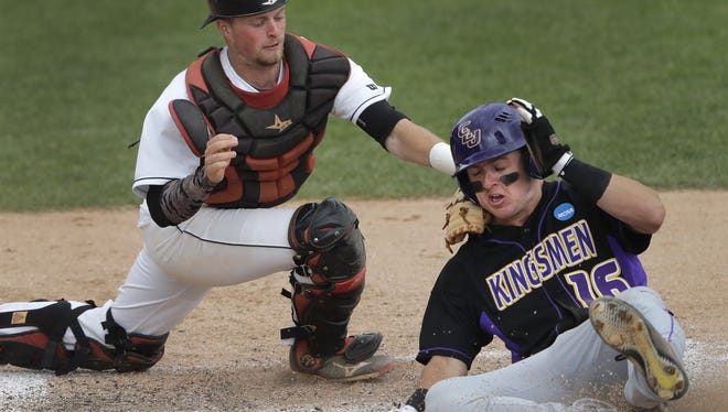 California Lutheran University's Weston Clark (16) beats a tag attempt by Washington & Jefferson College's Derek Helbing (18) as he scores a run in the fifth inning during game two of the championship series during the NCAA Division III Baseball Championship Tuesday, May 30, 2017, at Neuroscience Group Field at Fox Cities Stadium in Grand Chute, Wis. 
Dan Powers/USA TODAY NETWORK-Wisconsin