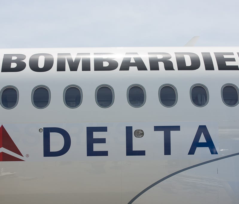 Delta's logo is seen on Bombardier's CSeries jet during a visit to Atlanta on April 29, 2016. The companies signed a deal for the jet earlier in the week.