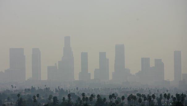 A view of air pollution over downtown Los...