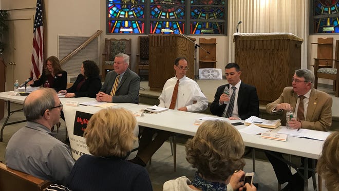 The Verona Township Council candidates meet at an April 26, 2017 forum at Congregation Beth Ahm. From left are Donna Cannizzaro, Carrie Ford, Ted Giblin, Jack McEvoy, Chris Piccuirro and Kevin Ryan.