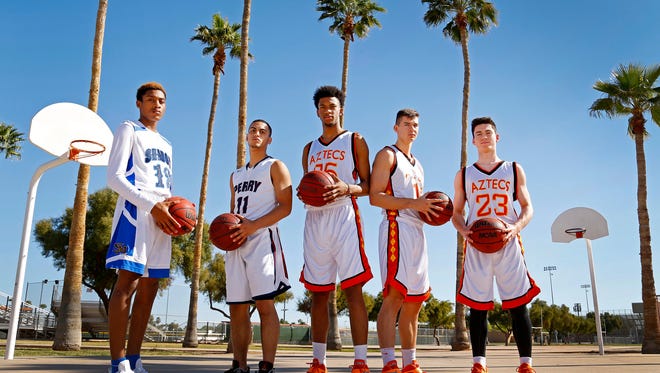the 2014-15 All-Arizona boys basketball team: Craig Randall, Shadow Mountain; Markus Howard, Perry; Marvin Bagley III, Corona del Sol; Dane Kuiper, Corona del Sol; Alex Barcello, Corona del Sol.