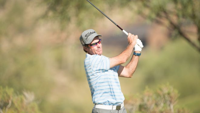 Stuart Smith hits his tee shot on the fifth hole on the Cochise course during the third round for the 29th Senior PGA Professional Championship held at Desert Mountain Club on Sept 30, in Scottsdale, Arizona.