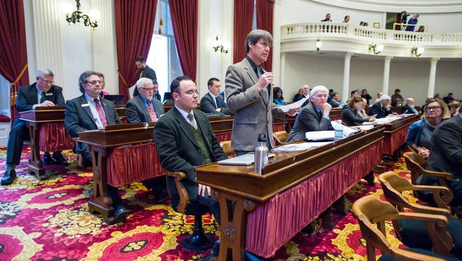 Rep. Chip Conquest, D-Wells River, reports on a proposed marijuana legalization bill as he speaks for the House Judiciary Committee at the Statehouse in Montpelier on Tuesday, March 28, 2017. Debate on the bill was slated for Tuesday, but the bill was sent to the Human Services Committee for further discussion when it became clear that the bill did not have enough votes to pass the full House.