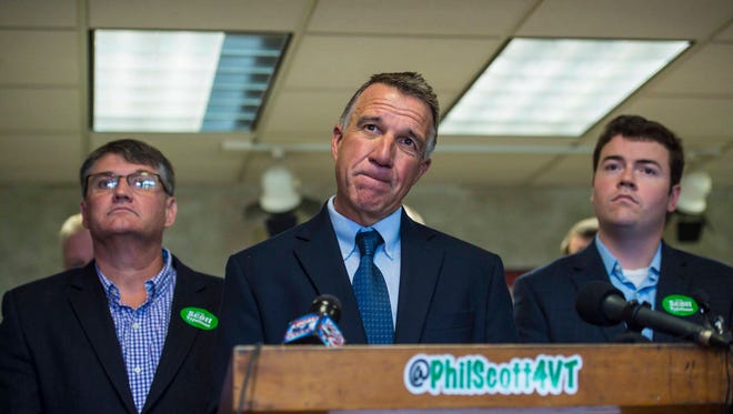 Republican gubernatorial candidate Lt. Gov. Phil Scott listens to a question at a news conference in Colchester on Thursday, September 15, 2016, where he released details of his plans for the economy.
