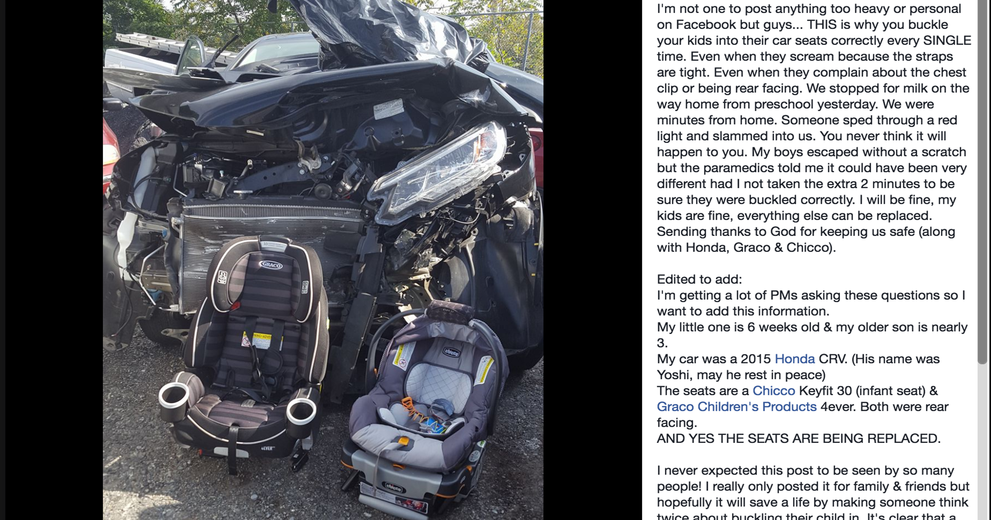Car seats save lives, mom says in Facebook post with photo after crash