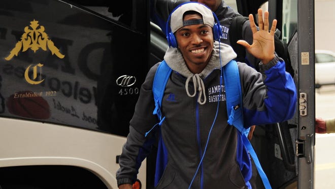 Hampton Pirates guard Deron Powers arrives in Dayton, Ohio, on Monday for the first round of the 2015 NCAA Tournament. Hampton plays Manhattan on Tuesday night in one of the First Four games.